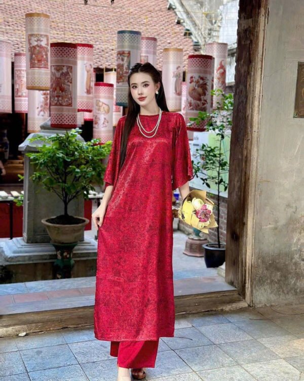 Cho Thuê Áo Dài Cổ Tròn Viền Cổ Nơ Đỏ ( Có Bigsize )