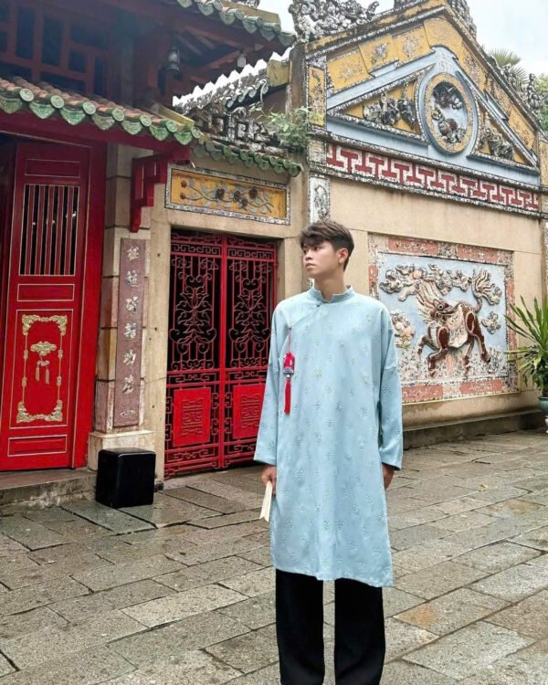 Cho Thuê Áo Dài Nam Hoa Hồng Nổi Xanh Xám