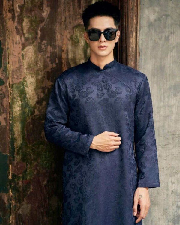 Cho Thuê Áo Dài Nam Gấm Thêu Lá Xanh Dương ( CÓ BIGSIZE )