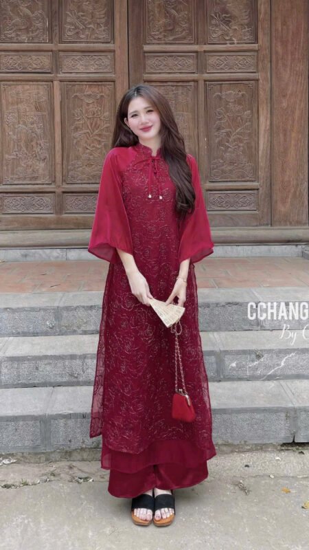 Cho Thuê Áo Dài Cổ Trụ Thêu Hoa Hồng Tay Voan Đỏ ( Có Bigsize )
