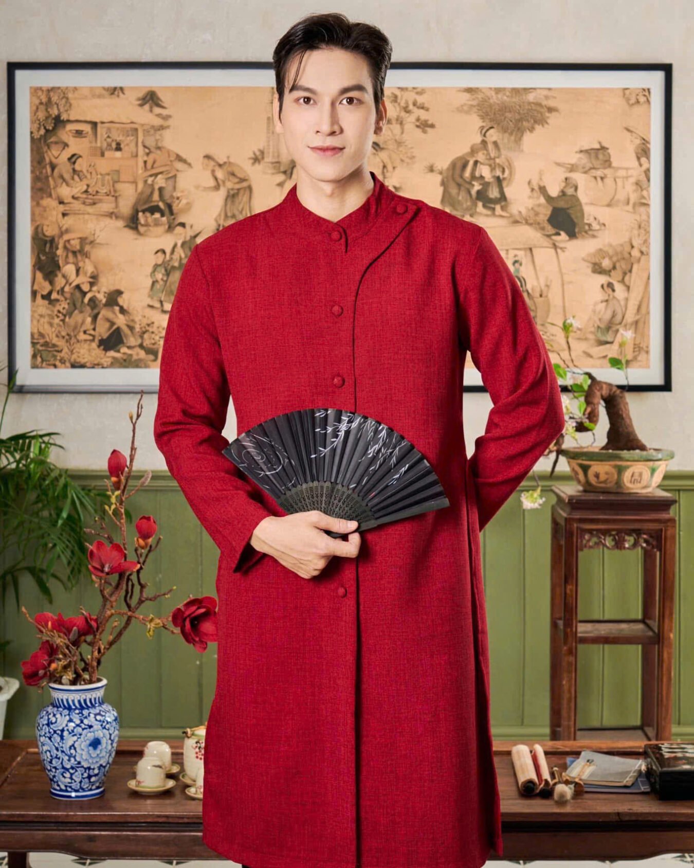 Cho Thuê Áo Dài Cách Tân Nam Đính Nút Giữa Đỏ MR TWINS ( Có Bigsize )