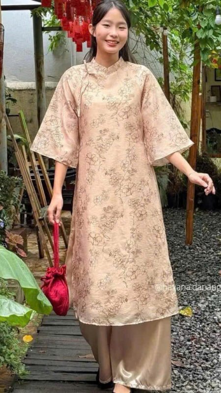 Cho Thuê Áo Dài Hoa Dâm Bụt Nâu Kem HVN  ( Có Bigsize )