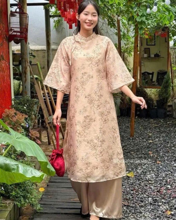Cho Thuê Áo Dài Hoa Dâm Bụt Nâu Kem HVN  ( Có Bigsize )