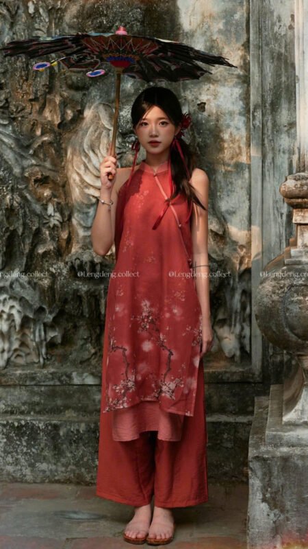 Cho Thuê Áo Dài Lengdeng Sơn Mài Cành Đào Đỏ
