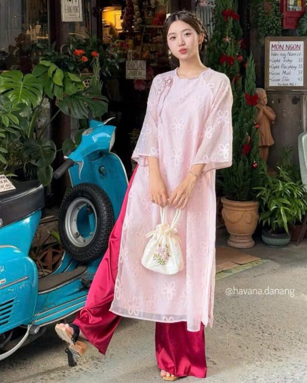 Cho Thuê Áo Dài Cổ Tròn Hoa Cúc Hồng HVN ( Có Bigsize )