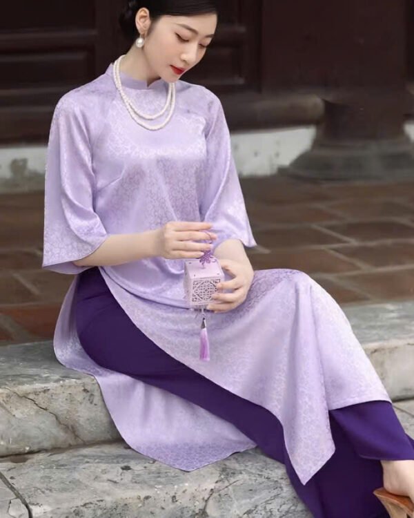 Cho Thuê Áo Dài Tím Cổ Trụ Hoa Chìm (CÓ BIGSIZE)