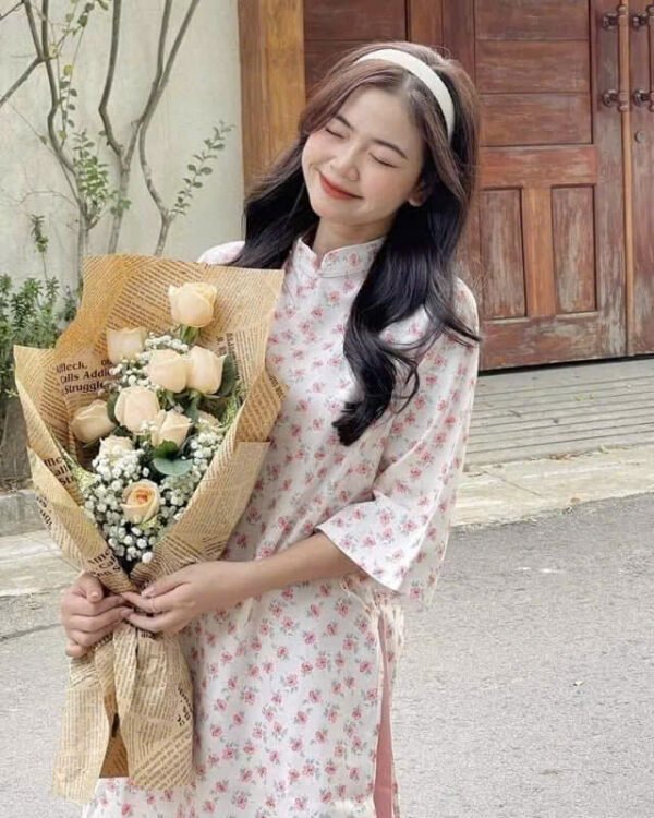 Cho Thuê Áo dài Hồng Hoa Nhí Tay Lỡ