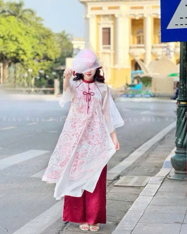 Cho Thuê Áo Dài Viền Đỏ Đô Xẻ Tà Nơ Hải Đường Hồng