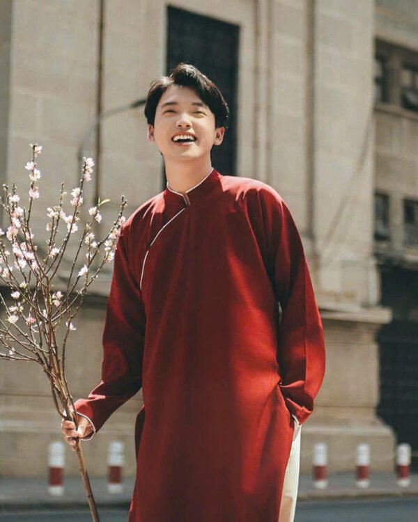 Cho Thuê Áo Dài Nam Bưng Quả Ngũ Thân Đỏ Viền Trắng OAO