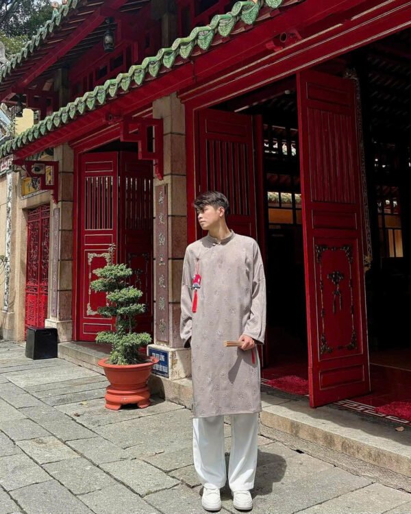 Cho Thuê Áo Dài Nam Hoa Hồng Nổi Xám Đậm ( CÓ BIGSIZE)