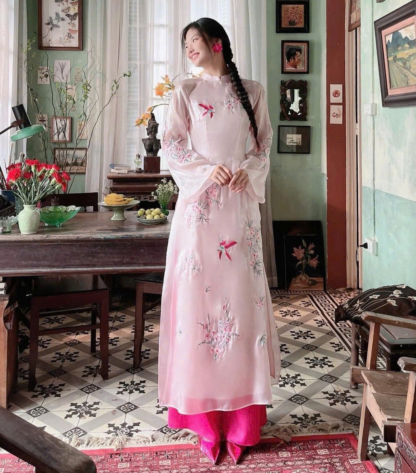 Cho Thuê Áo Dài Cát Nhã Thêu Hoa Hồng ( Có Bigsize )