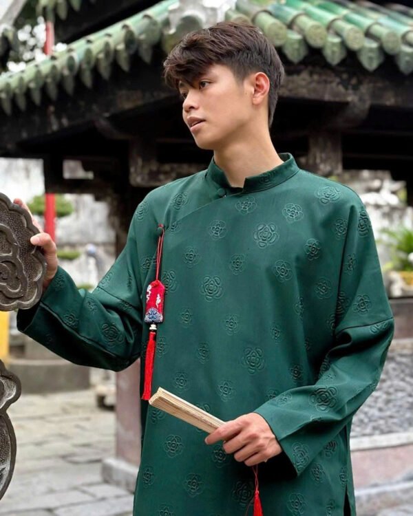 Cho Thuê Áo Dài Nam Hoa Hồng Nổi Xanh Lá Đậm