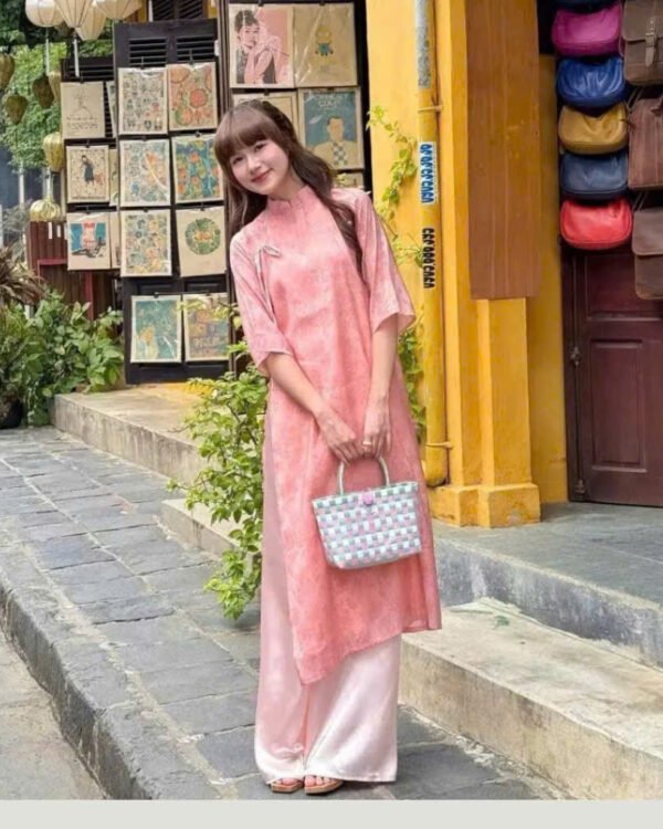 Cho Thuê Áo Dài Hồng Cam Cổ Trụ Nút Nơ HVN