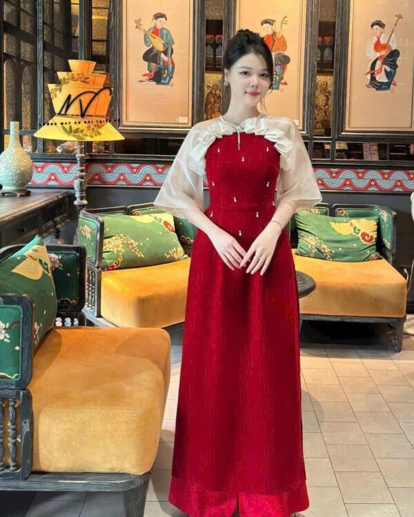 Cho Thuê Áo Dài Đỏ Viền Cổ Nơ To Bản Xếp Ly ( Có Bigsize )