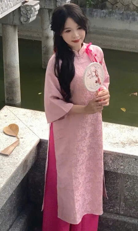 Cho Thuê Áo Dài Hoa Nổi Nơ AnXing Hồng Đất