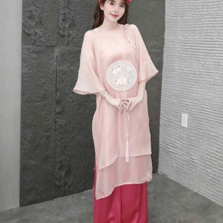 Cho Thuê Áo Dài Cổ Tròn Voan Trơn AnXing Hồng