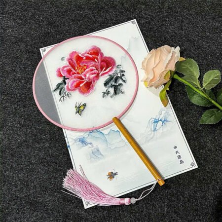 Cho Thuê Quạt Tròn Cổ Trang Hồng Mẫu Đơn