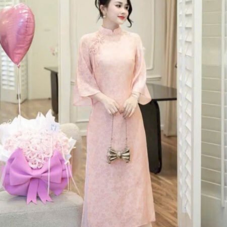 Cho Thuê Áo Dài Cổ Ngọc Trai 2 Nơ Hồng