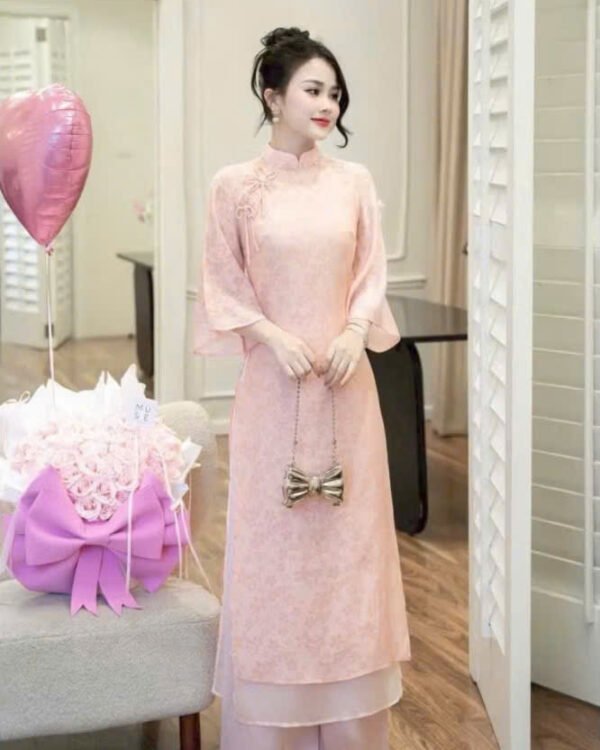 Cho Thuê Áo Dài Cổ Ngọc Trai 2 Nơ Hồng