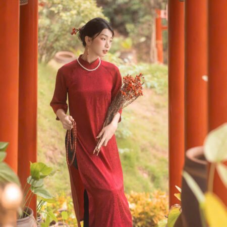 Cho Thuê Áo Dài Cổ Trụ Hoa Chìm Đỏ ( Có Bigsize )