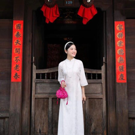 Cho Thuê Áo Dài Cổ Trụ Họa Tiết Hỉ Trắng ( Có Bigsize )