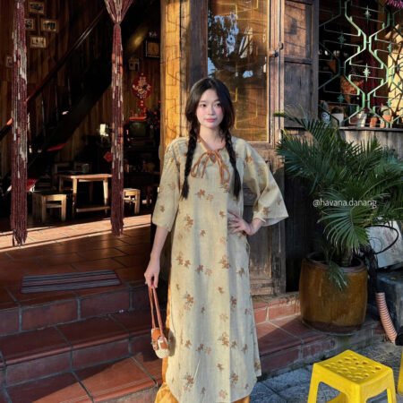 Cho Thuê Áo Dài Nơ Nâu In Hoa Quả Be HVN