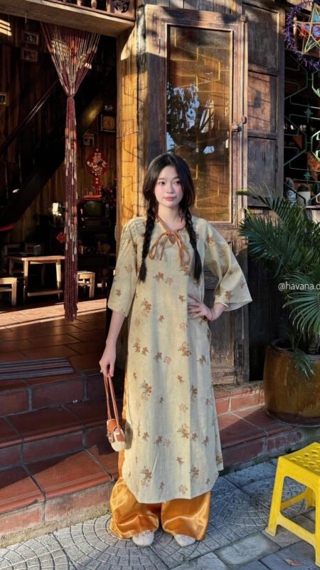 Cho Thuê Áo Dài Nơ Nâu In Hoa Quả Be HVN