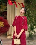 Cho Thuê Áo Dài Cổ Tròn Lông Vũ Đỏ ( Có Bigsize )