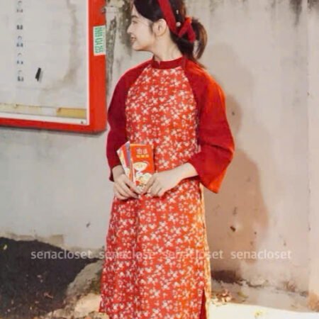 Cho Thuê Áo Dài Hoa Lá Vàng Đỏ