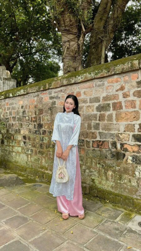 Cho Thuê Áo Dài Cổ Trụ Hoa Chìm Xanh Mint ( Có Bigsize )