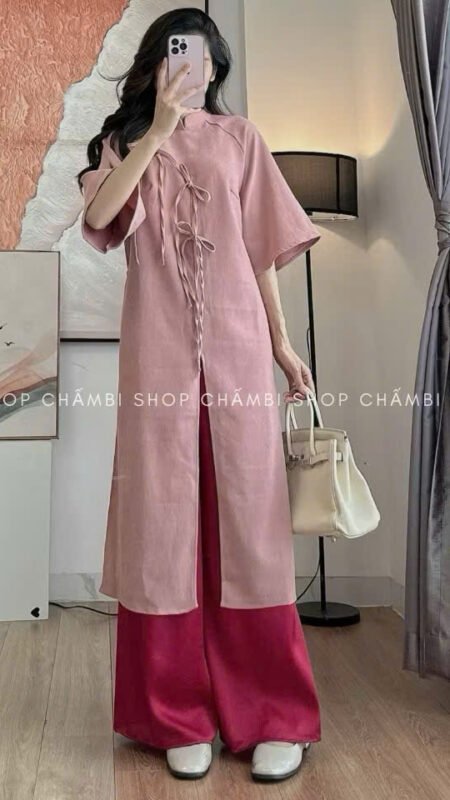 Cho Thuê Áo Dài Xẻ Tà Ba Nơ Hồng