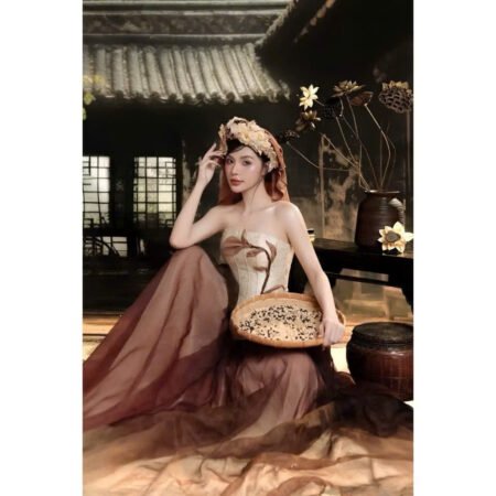 Cho Thuê Set Váy Yếm Corset Nâu Kem Tấm