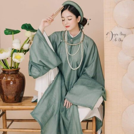Cho Thuê Áo Tấc Nữ Tay Thụng Trơn Xanh Rêu Nhạt (Kèm Mấn)