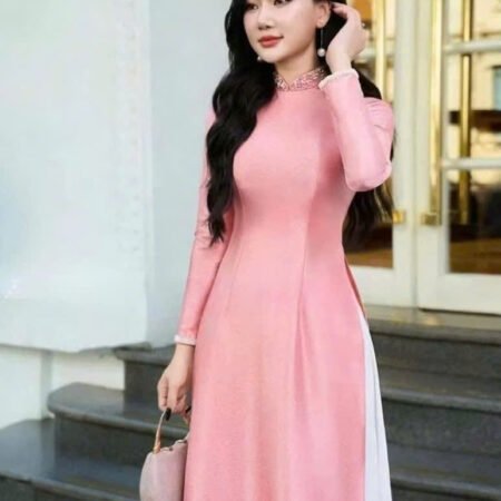 Cho Thuê Áo Dài Vân Gỗ Đính Đá Hồng Nhạt (Có Bigsize)