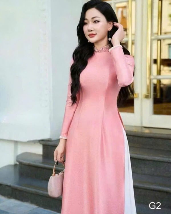 Cho Thuê Áo Dài Vân Gỗ Đính Đá Hồng Nhạt (Có Bigsize)