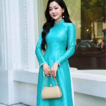 Cho Thuê Áo Dài Vân Gỗ Đính Đá Xanh Dương (Có Bigsize)