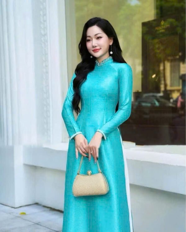 Cho Thuê Áo Dài Vân Gỗ Đính Đá Xanh Dương (Có Bigsize)