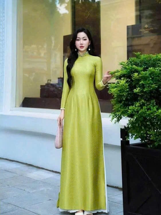 Cho Thuê Áo Dài Vân Gỗ Đính Đá Xanh Lá (Có Bigsize)