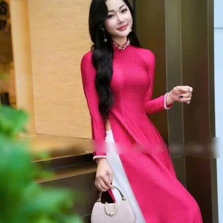 Cho Thuê Áo Dài Vân Gỗ Đính Đá Hồng Đậm (Có Bigsize)