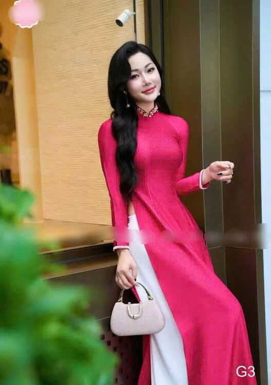 Cho Thuê Áo Dài Vân Gỗ Đính Đá Hồng Đậm (Có Bigsize)