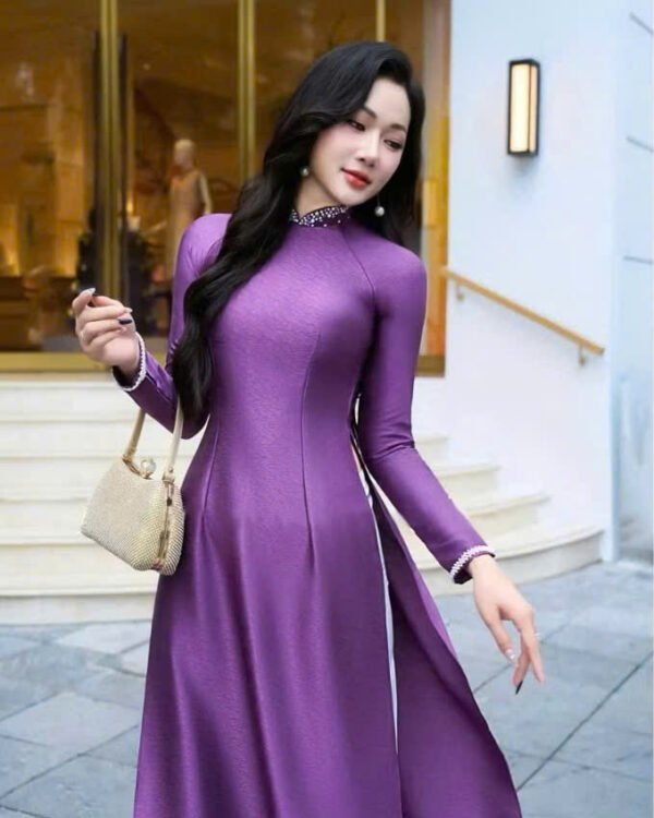 Cho Thuê Áo Dài Vân Gỗ Đính Đá Tím (Có Bigsize)