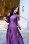 Cho Thuê Áo Dài Vân Gỗ Đính Đá Tím (Có Bigsize)