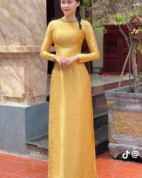 Cho Thuê Áo Dài Vân Gỗ Đính Đá Vàng (Có Bigsize)
