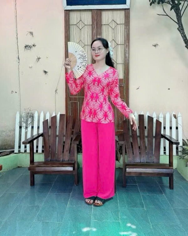 Cho Thuê Set Bà Ba Cổ Tròn Đồng Tiền Hồng Đậm (Có Bigsize)