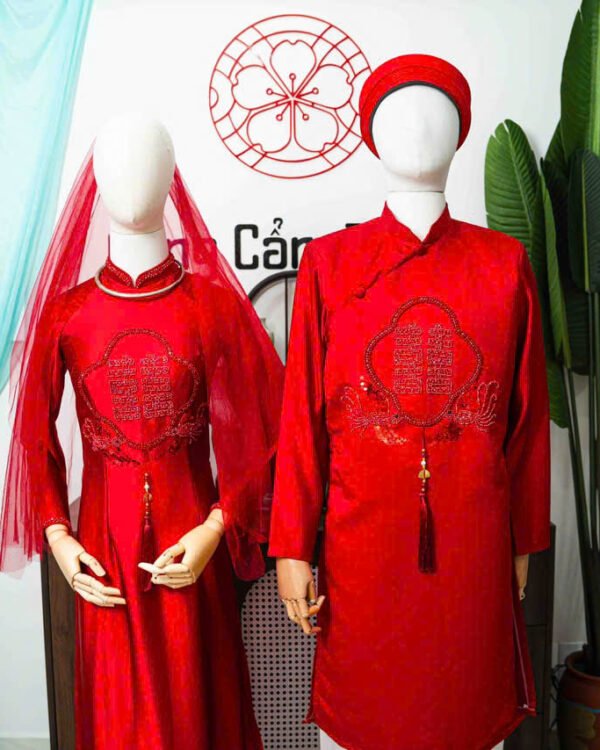 Cho Thuê Áo Dài Đôi Sẻ Tình Thâm Đỏ
