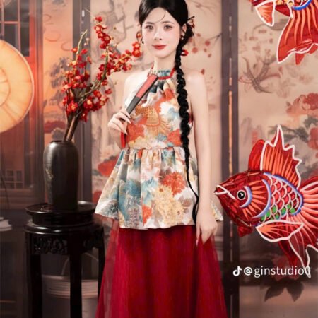 Cho Thuê Set Yếm Gấm Sơn Thuỷ Đỏ
