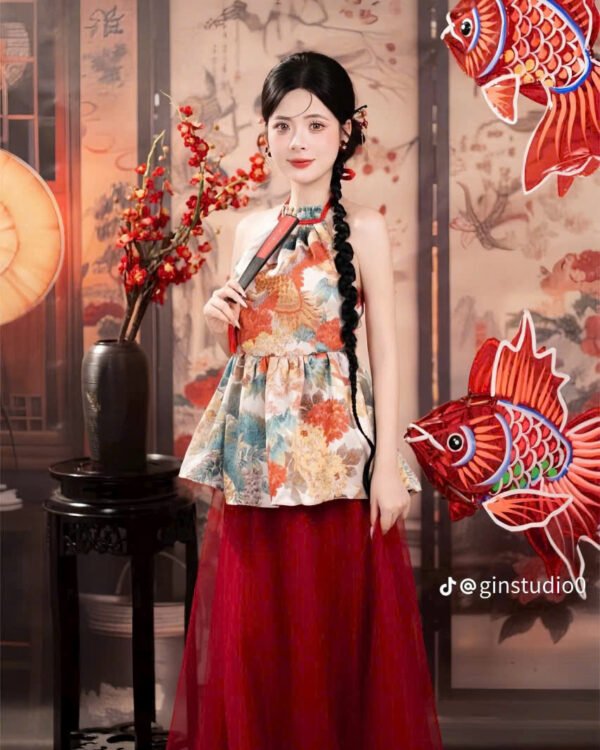 Cho Thuê Set Yếm Gấm Sơn Thuỷ Đỏ