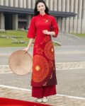Cho Thuê Áo Dài Họa Tiết Trống Đồng Đỏ (Có Bigsize)