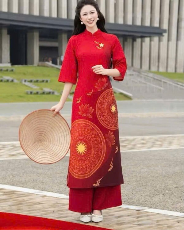 Cho Thuê Áo Dài Họa Tiết Trống Đồng Đỏ (Có Bigsize)