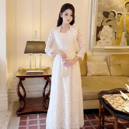 Cho Thuê Áo Dài Băng Khôi Đính Hoa Trắng